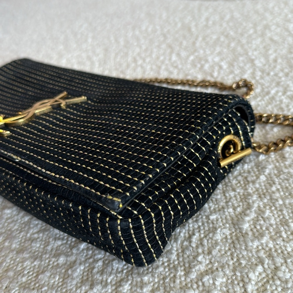 Yves Saint Laurent Suede Contrast Stitching Monogram Kate 99 Black Gold Bag - Picture 6 of 10